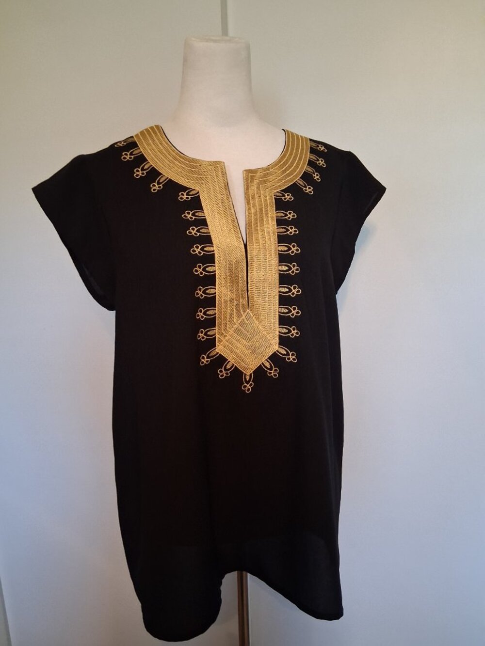 Calysto St Barth Black Blouse with intricate gold Embroidery and V neckline S. L